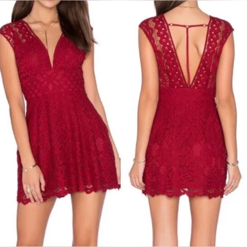 Free People One Million Lovers Floral Lace Size 0 Cranberry Red Dress